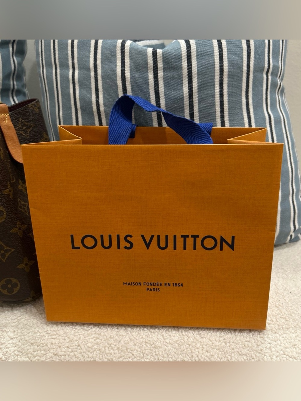 Louis Vuitton Orange Shopping Bag with Blue Handles